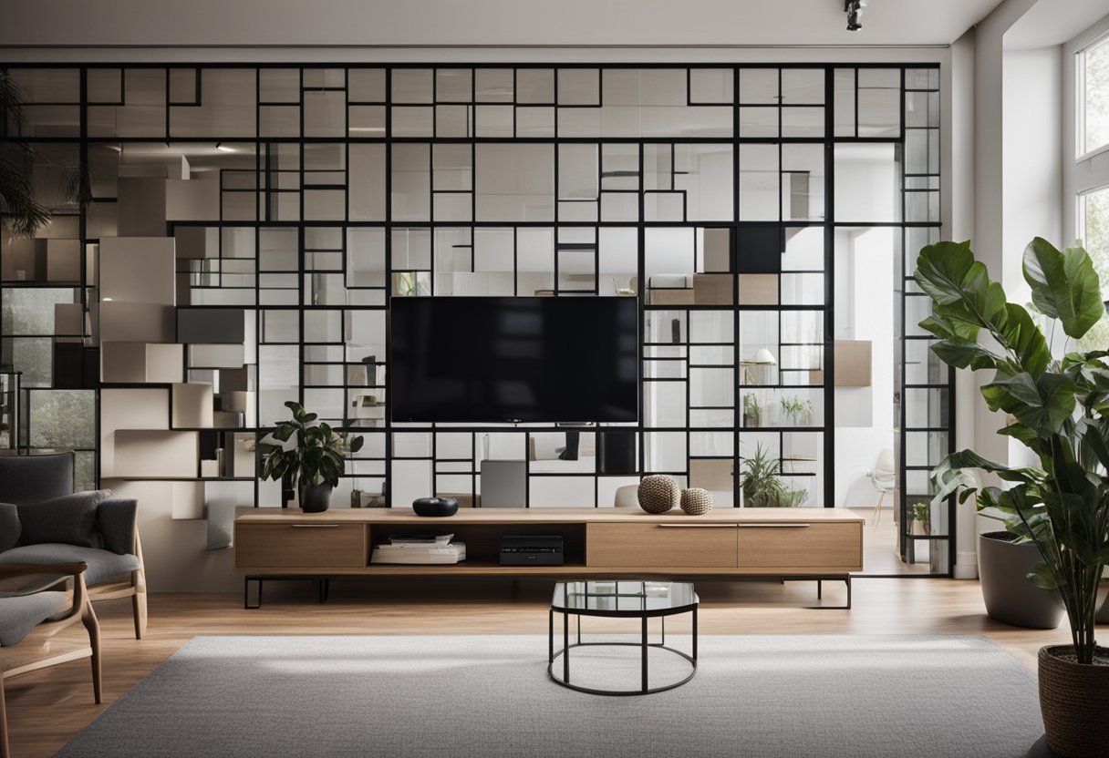 A cozy living room with a large glass block wall, allowing natural light to flood the space. The blocks are arranged in a modern and stylish pattern, creating a unique and eye-catching feature