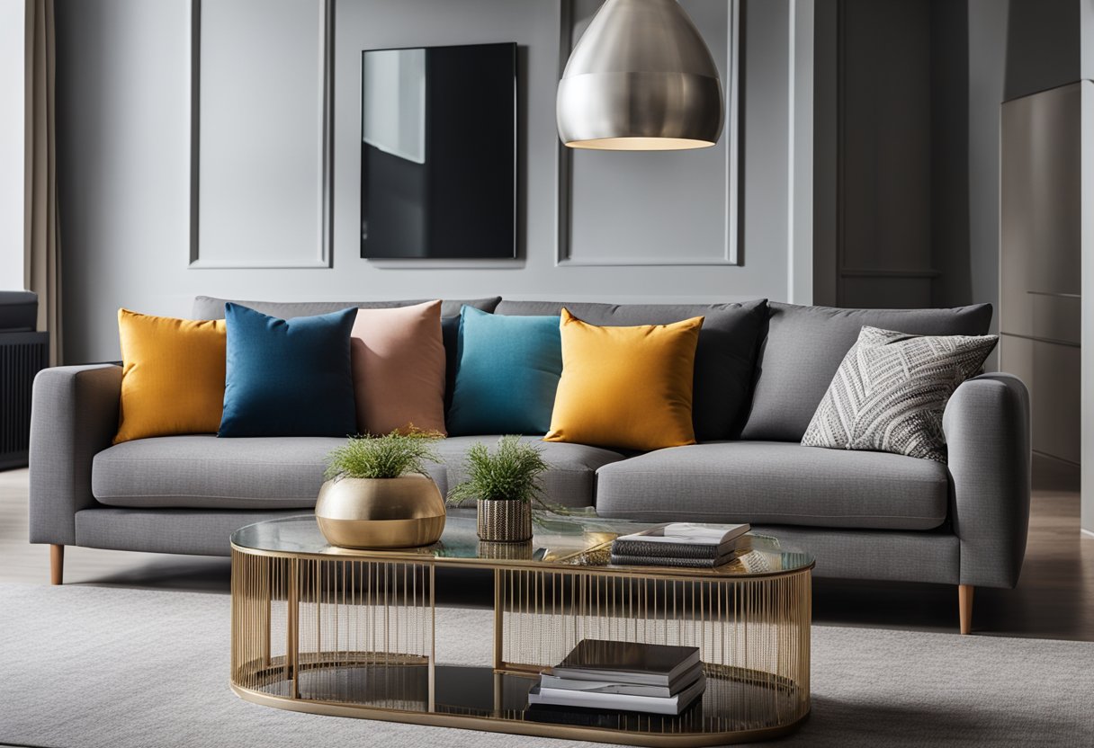 A grey sofa sits in a modern living room, accented with colorful throw pillows. A sleek coffee table and stylish decor complete the design