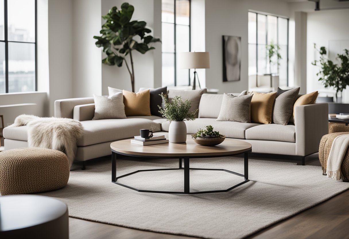 A modern living room with a neutral color palette, a large sectional sofa, a statement area rug, and a mix of textures in the decor