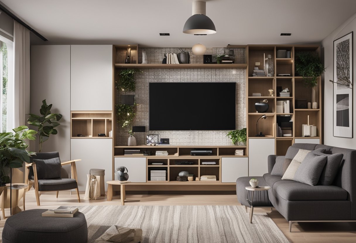 A small living room with clever storage solutions, multi-functional furniture, and strategic placement of decor to create a spacious and inviting atmosphere