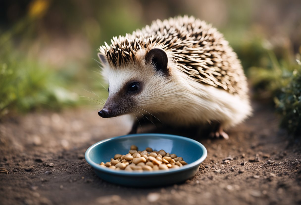 A hedgehog eagerly eats cat food from a small dish on the ground