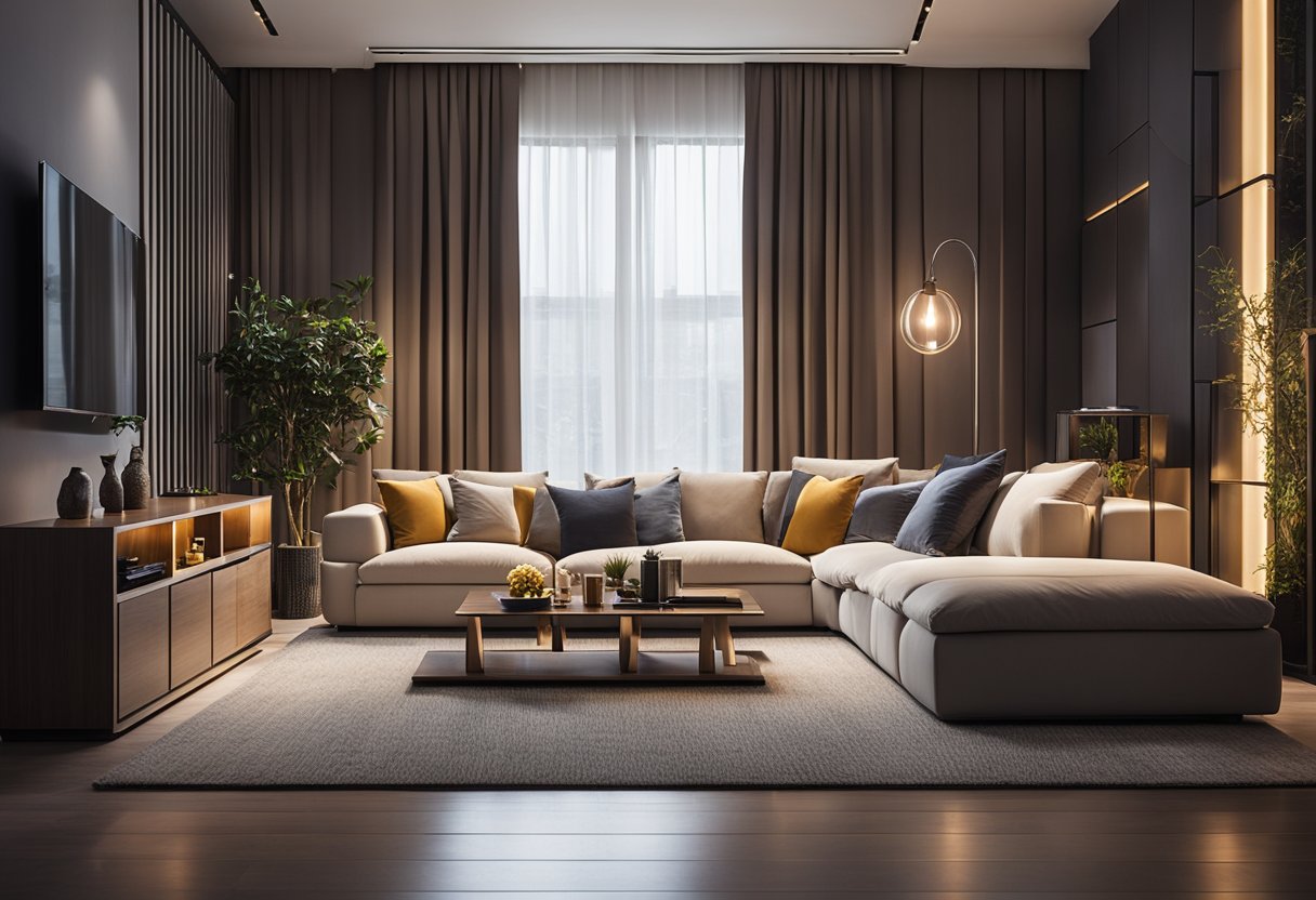 A cozy living room with modern LED designs, casting a warm glow on sleek furniture and accent pieces