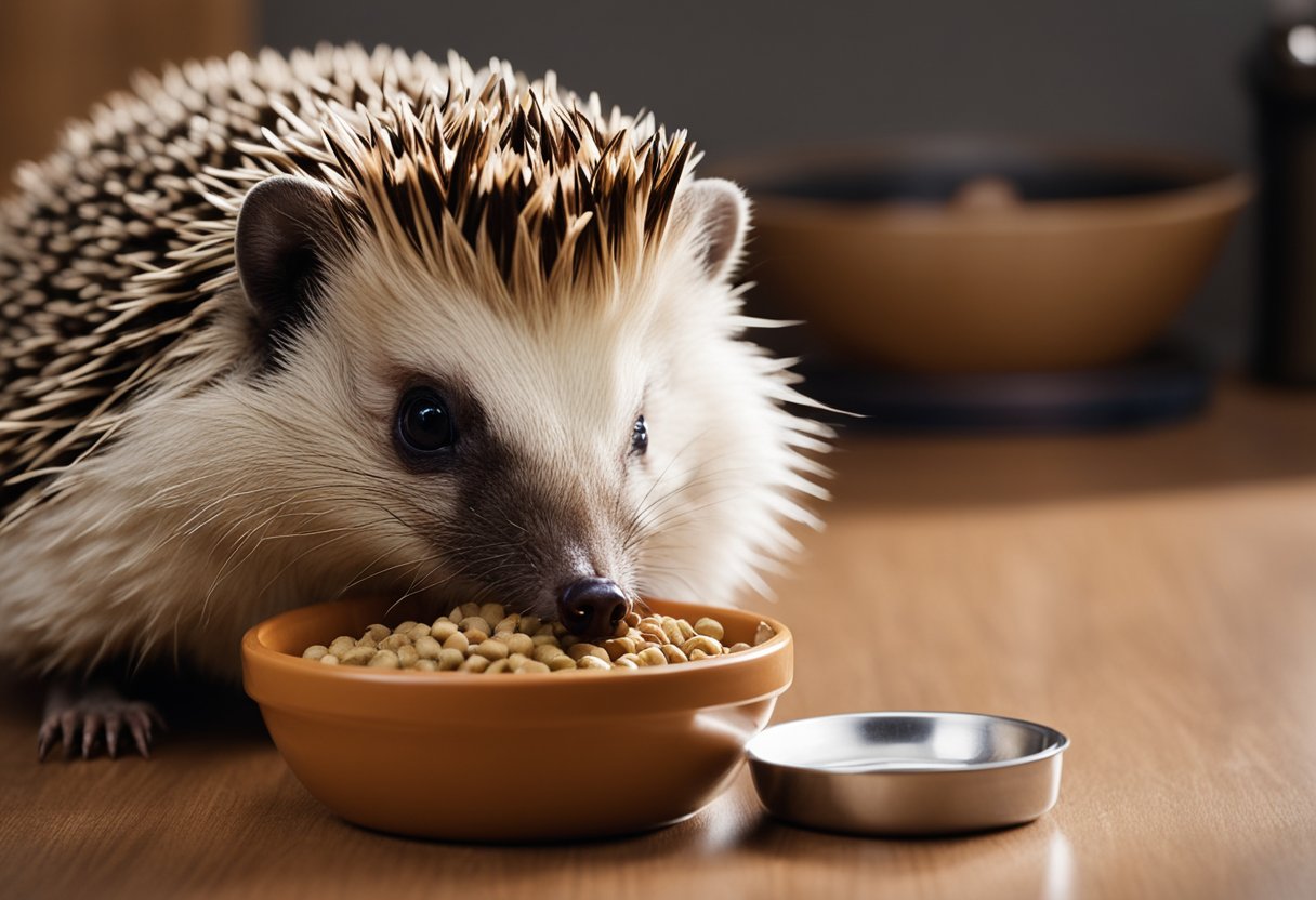 A hedgehog stands next to a bowl of cat food, sniffing it cautiously. The hedgehog's quills are raised in curiosity as it contemplates whether to eat the cat food