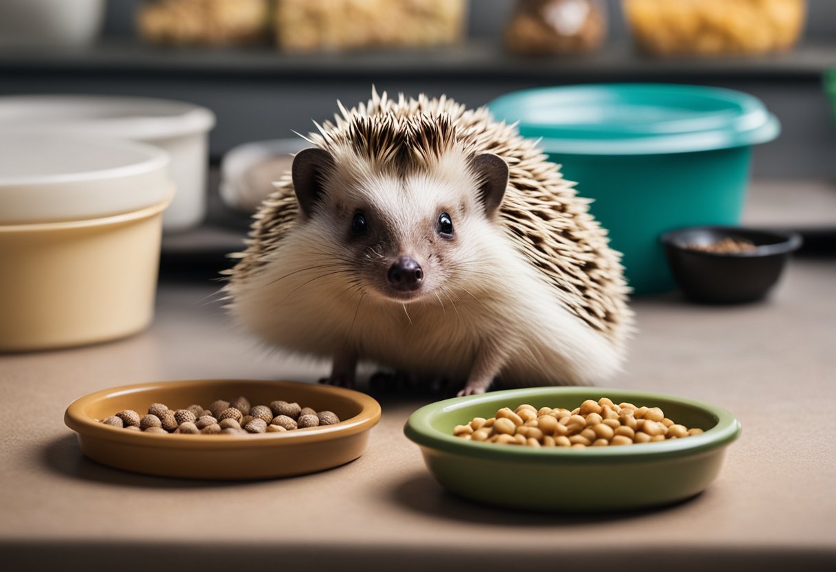 A hedgehog sits beside a bowl of cat food, looking at it curiously. The food is labeled as safe for hedgehogs, with a small dish of water nearby