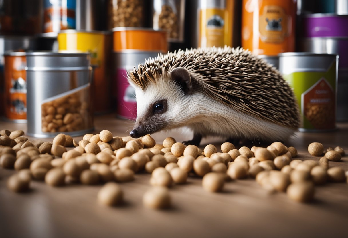 A hedgehog surrounded by various cat food cans and bags, sniffing and nibbling at them with curiosity