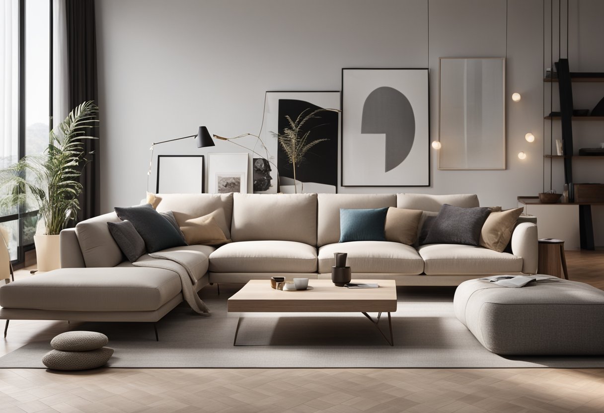 A modern living room with an L-shaped sofa, sleek design, and neutral colors. Large windows let in natural light, and a minimalist coffee table sits in the center