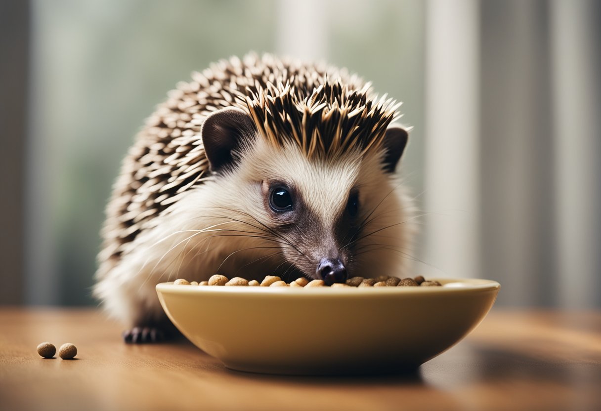 A hedgehog sniffs at a bowl of cat food, its quills raised in curiosity