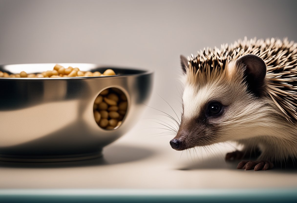 A hedgehog sniffs a bowl of cat food, its quills raised with curiosity