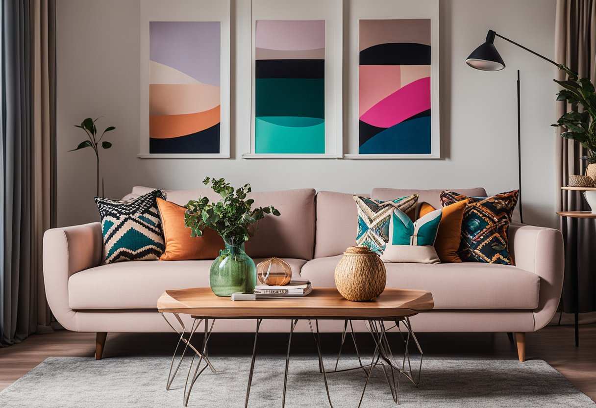 Vibrant throw pillows and bold artwork accent a cozy living room with eclectic decor and pops of color