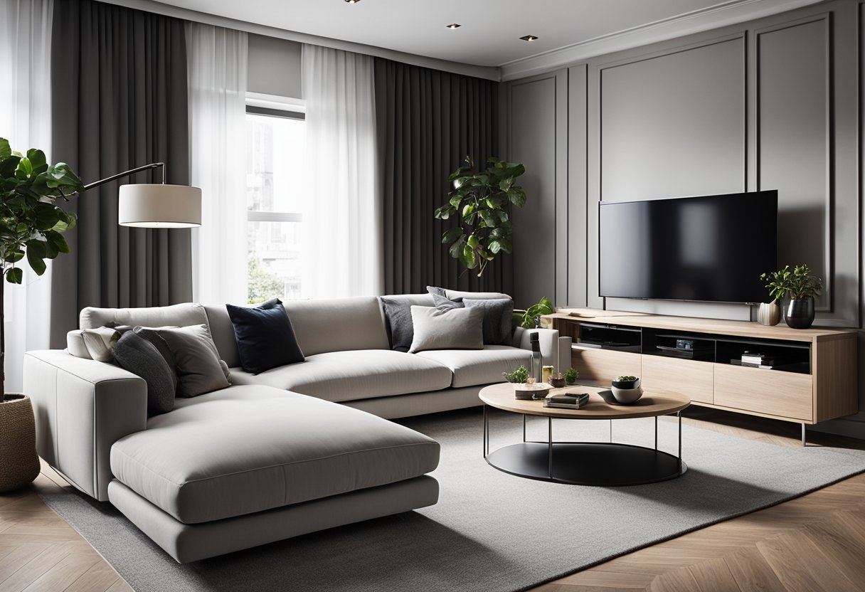 A modern living room with an L-shaped sofa as the focal point, featuring sleek lines, plush cushions, and a contemporary color scheme
