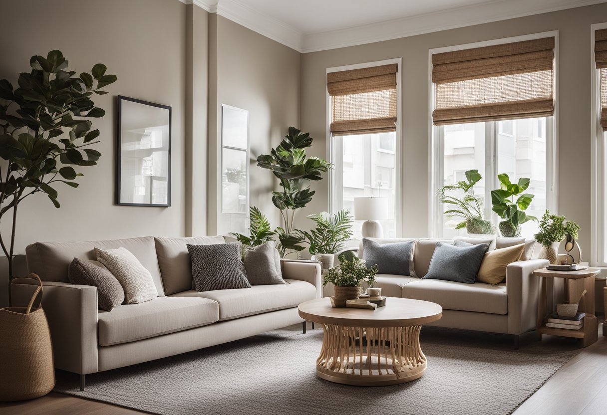 A cozy small living room with modern furniture, neutral color palette, and tasteful decor. A large window lets in natural light, highlighting the stylish aesthetic enhancements