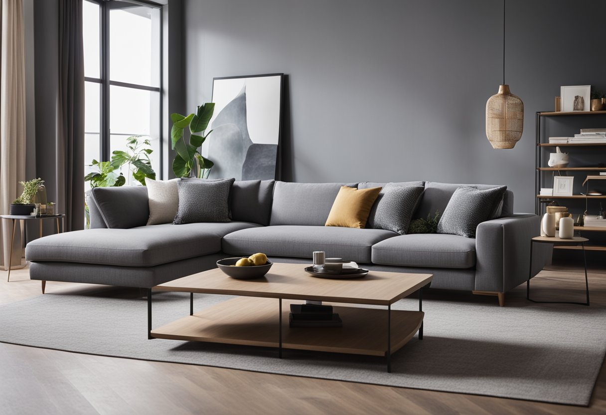 A grey sofa sits in a modern living room, adorned with minimalist decor and sleek design. The room is bathed in natural light, creating a cozy and inviting atmosphere