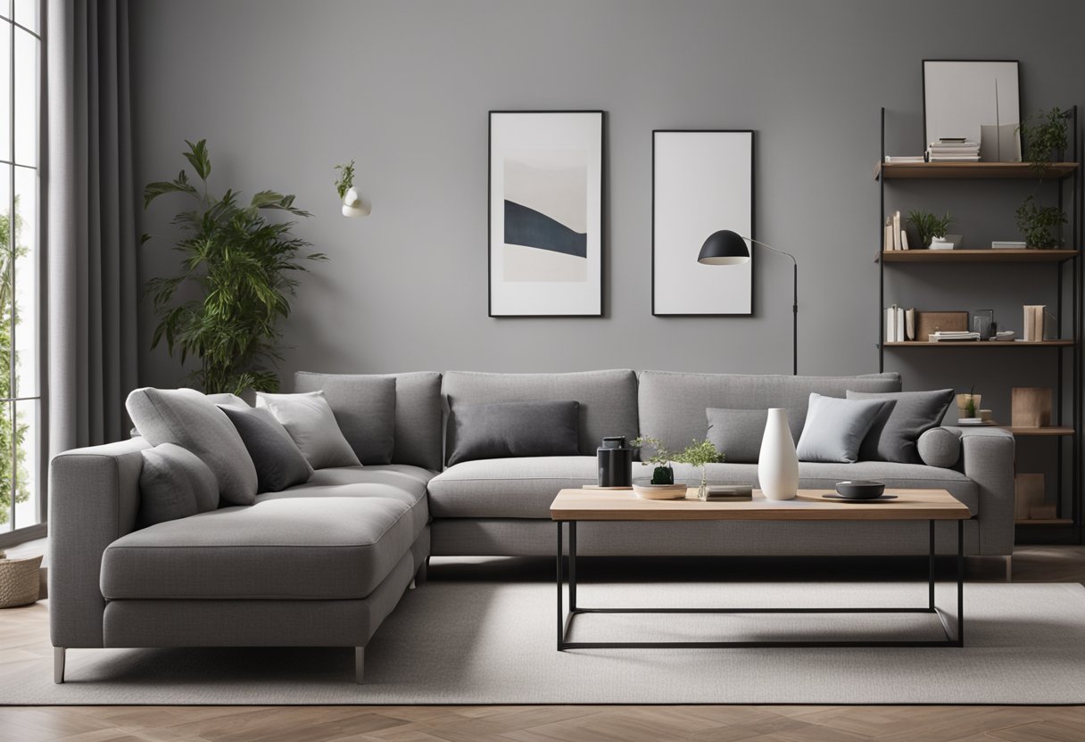 A modern grey sofa sits in a well-lit living room with clean lines and minimalistic decor. The room feels airy and spacious, with a hint of coziness