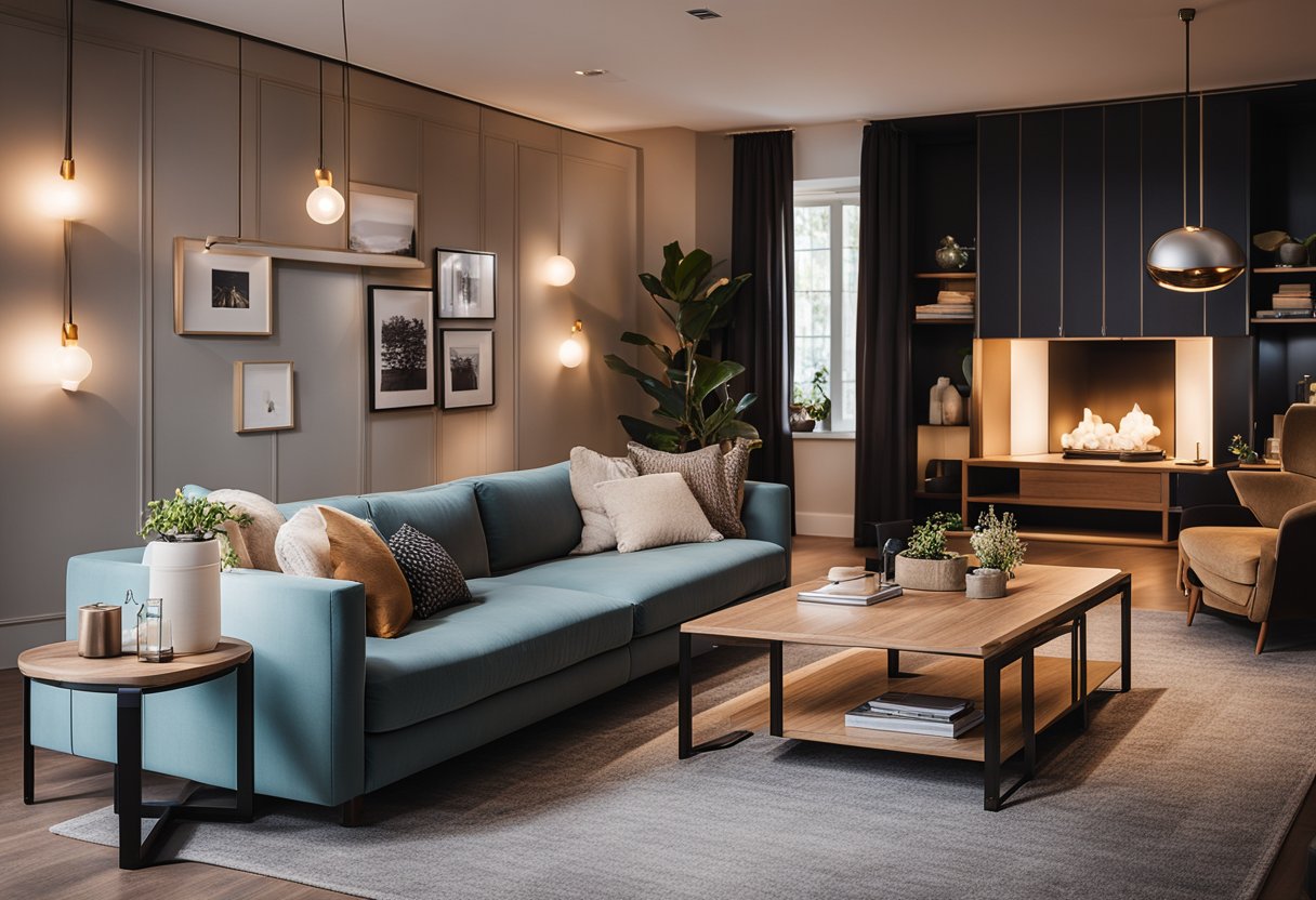 A cozy living room with warm, ambient lighting from strategically placed lamps and fixtures, creating a comfortable and inviting atmosphere