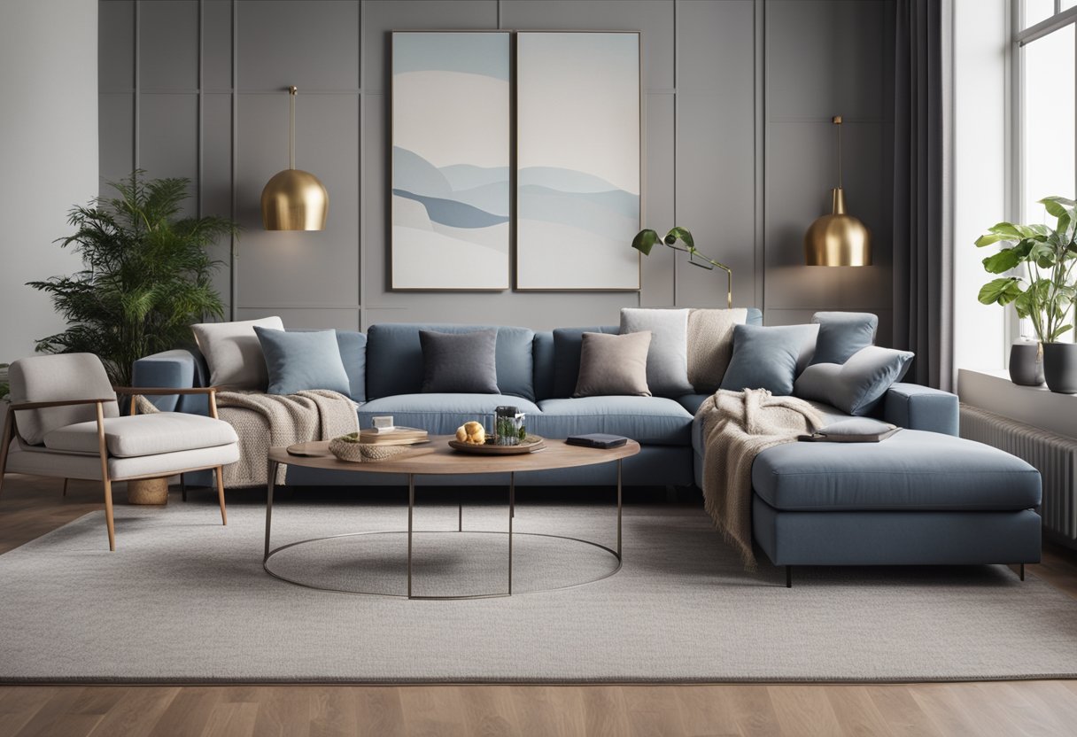 A modern l-shaped sofa in a spacious living room, adorned with stylish and functional accessories like throw pillows, a cozy blanket, and a sleek coffee table