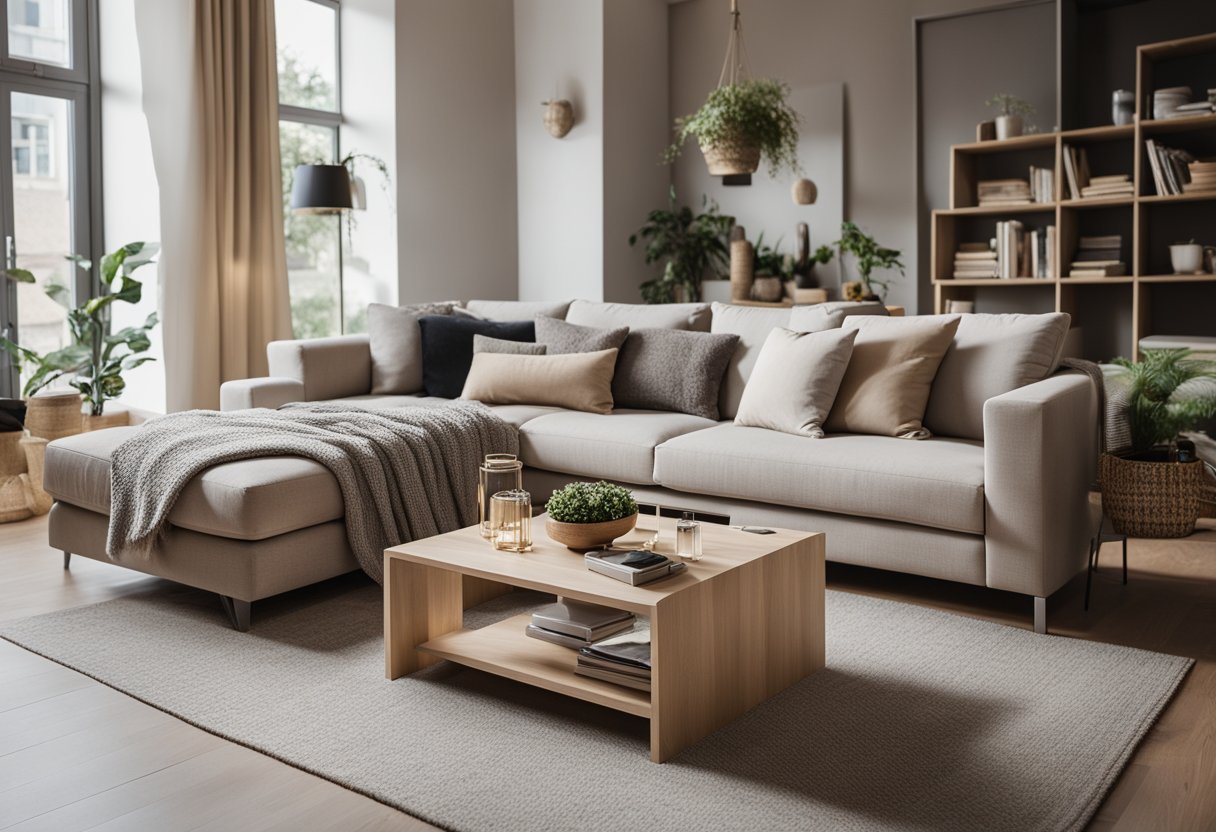 A cozy small living room with a neutral color palette, a comfortable sofa, a coffee table, and clever storage solutions