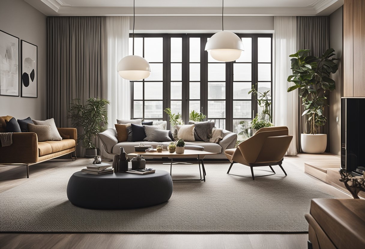 A cozy living room with various interior design options such as furniture, lighting, and decor. The space is inviting and well-organized, with a mix of modern and traditional elements