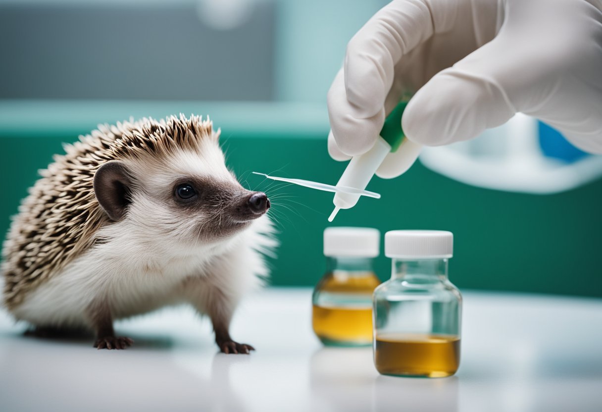 A hedgehog receiving a shot from a veterinarian