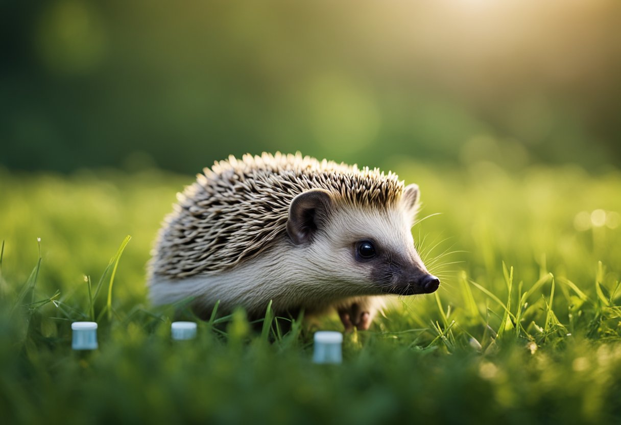 A hedgehog stands on green grass, looking healthy. A small syringe and vial of medication sit nearby, indicating health care needs