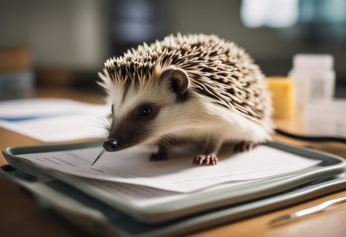 A hedgehog sits on a veterinary exam table, with a needle in the foreground and a vaccination record in the background