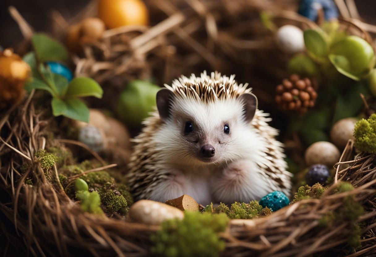 A hedgehog sits in a cozy nest, surrounded by a variety of resources such as food, water, a hiding place, and toys for enrichment