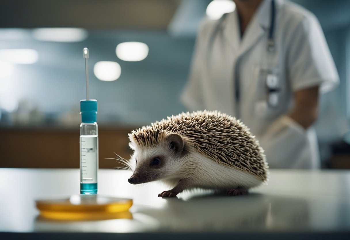 A hedgehog sitting on a vet's table, with a syringe and vaccine vial nearby. The vet is explaining to the owner about the necessity of shots for the hedgehog