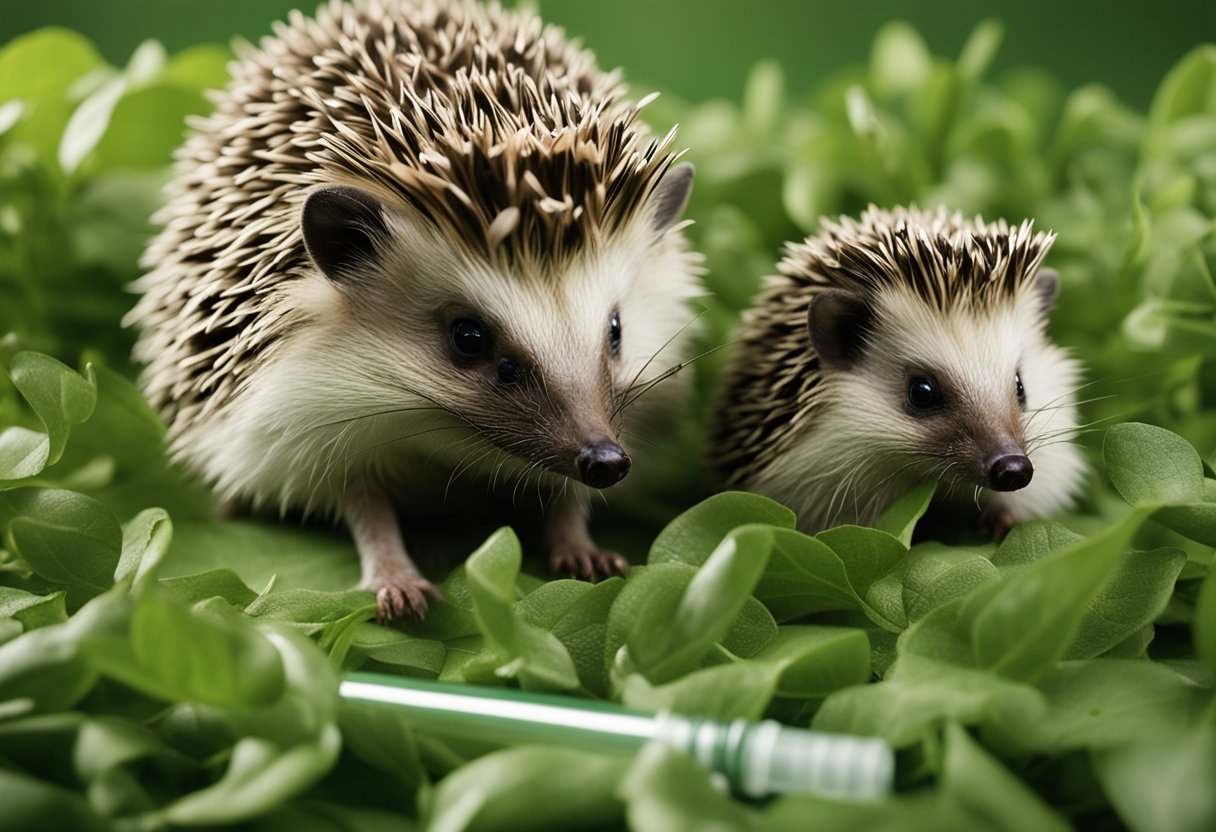 A hedgehog sitting on a bed of green leaves, with a concerned expression, while a veterinarian holds a syringe in the background