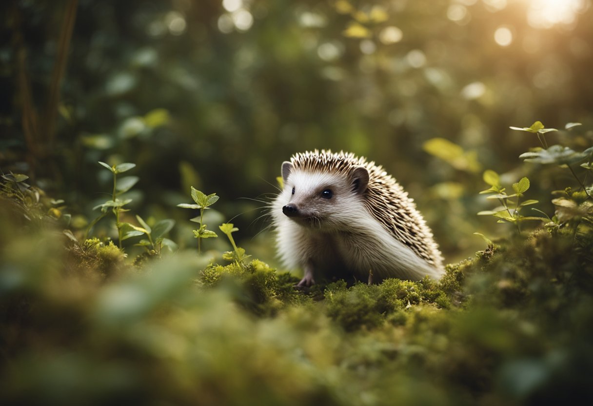A hedgehog peers through the underbrush, its small eyes scanning the surroundings for signs of movement