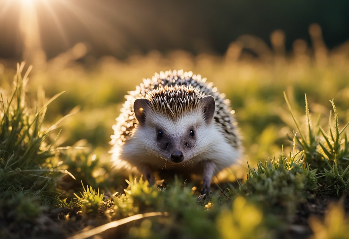 A hedgehog stands on a patch of grass, its small black eyes scanning the surroundings. The sun casts a warm glow on its prickly back as it looks for food and navigates its environment