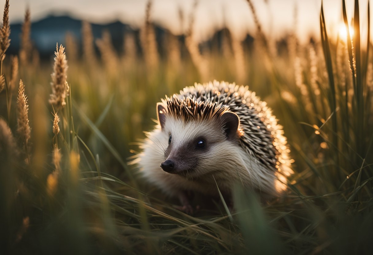 A hedgehog peers through tall grass at dusk, squinting in the fading light. Nearby, a bright light source causes it to blink and turn away