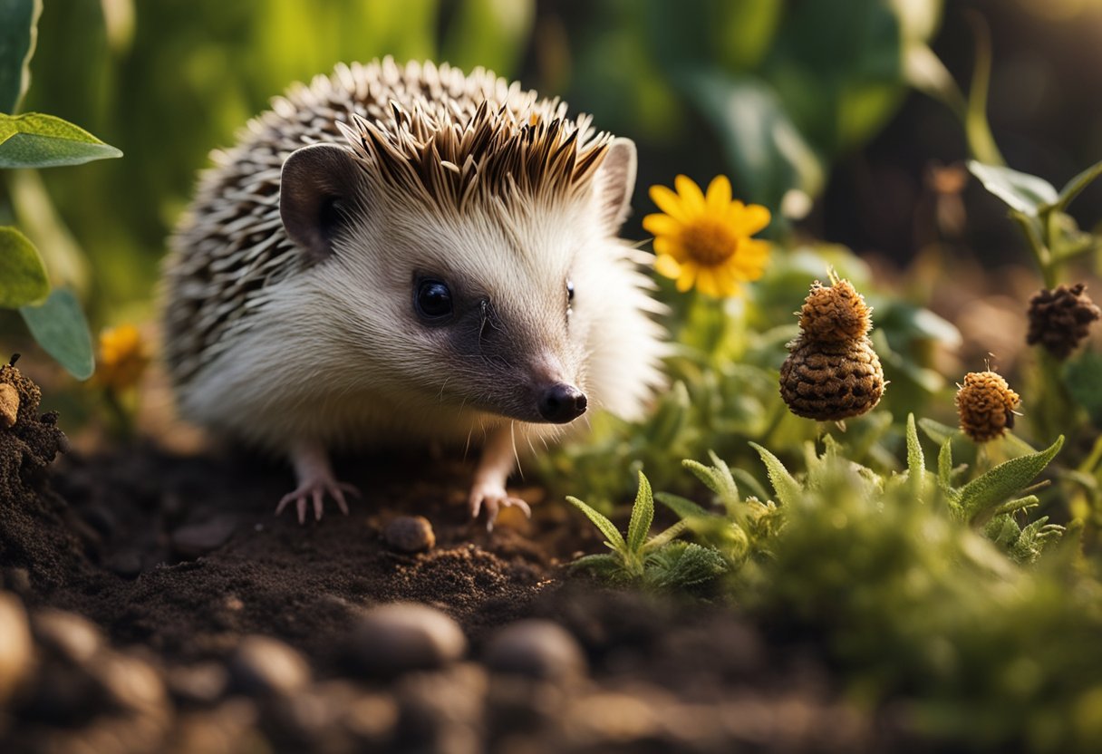 A hedgehog surrounded by various resources, such as insects, fruits, and plants, with its curious eyes scanning the environment