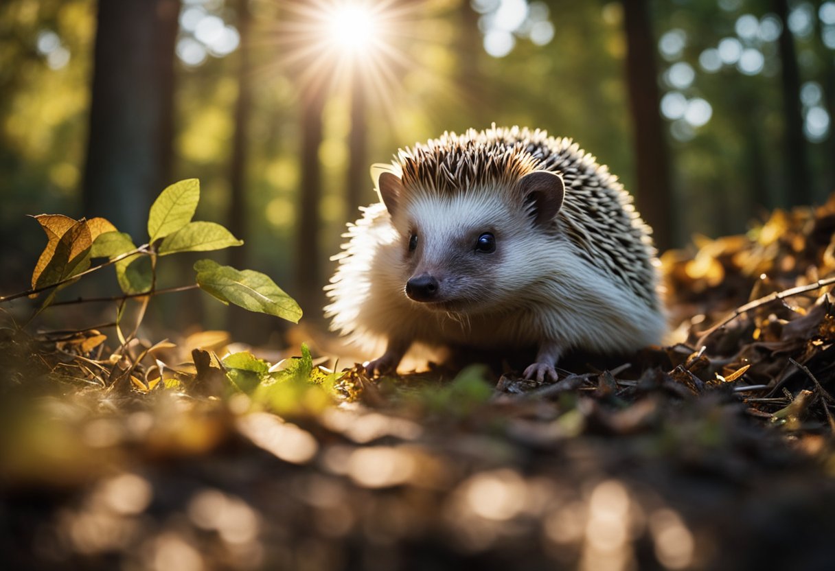 A hedgehog sits in a woodland clearing, its eyes scanning the surroundings for any signs of danger or food. The sun filters through the trees, casting dappled light on the forest floor