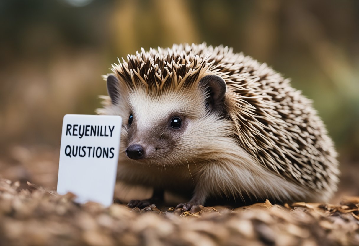 A hedgehog peers curiously at a sign reading "Frequently Asked Questions: Can hedgehogs see?" with a puzzled expression