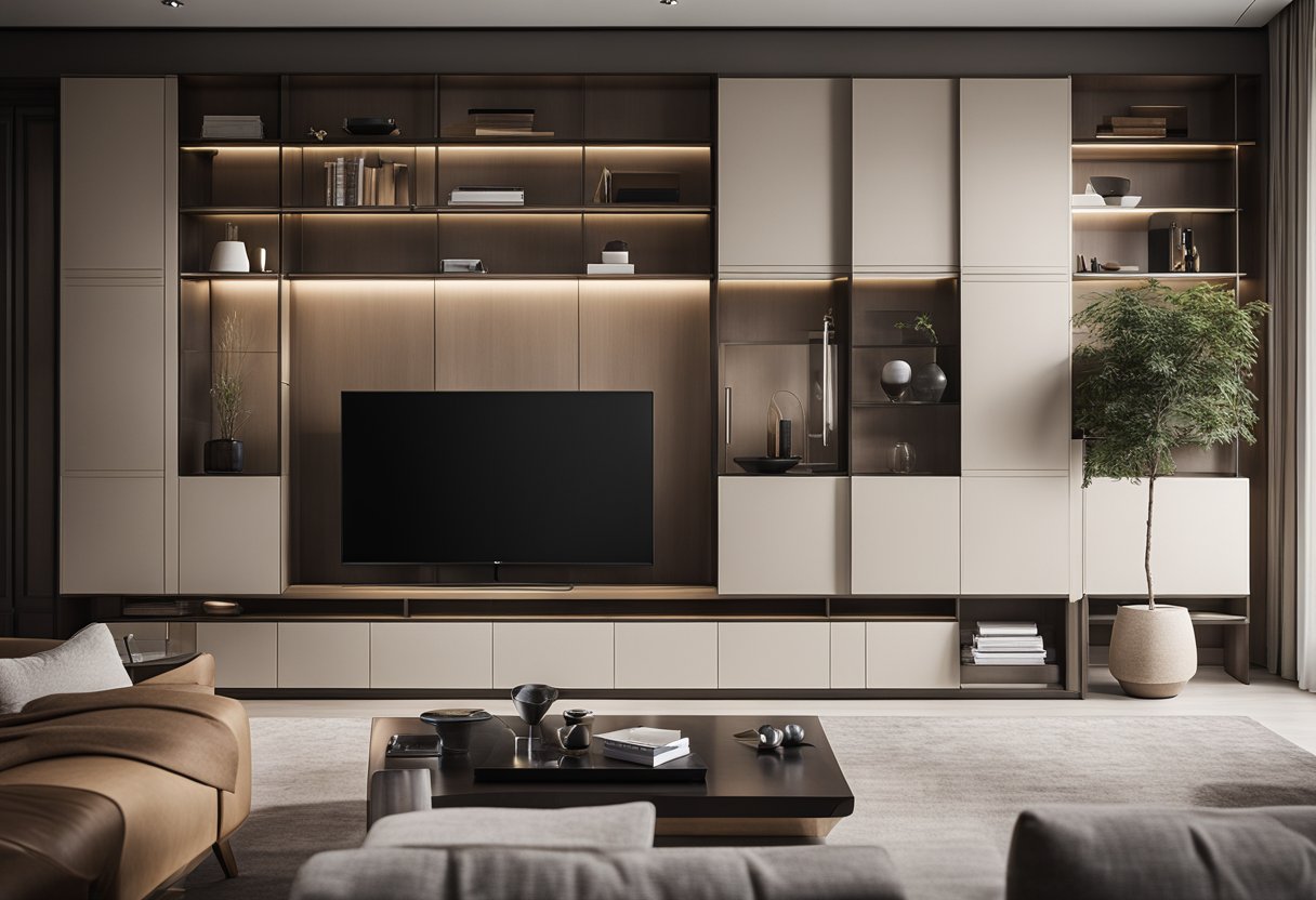 A modern living room with a sleek, minimalist cabinet design. Clean lines, neutral colors, and subtle lighting create a contemporary and inviting atmosphere