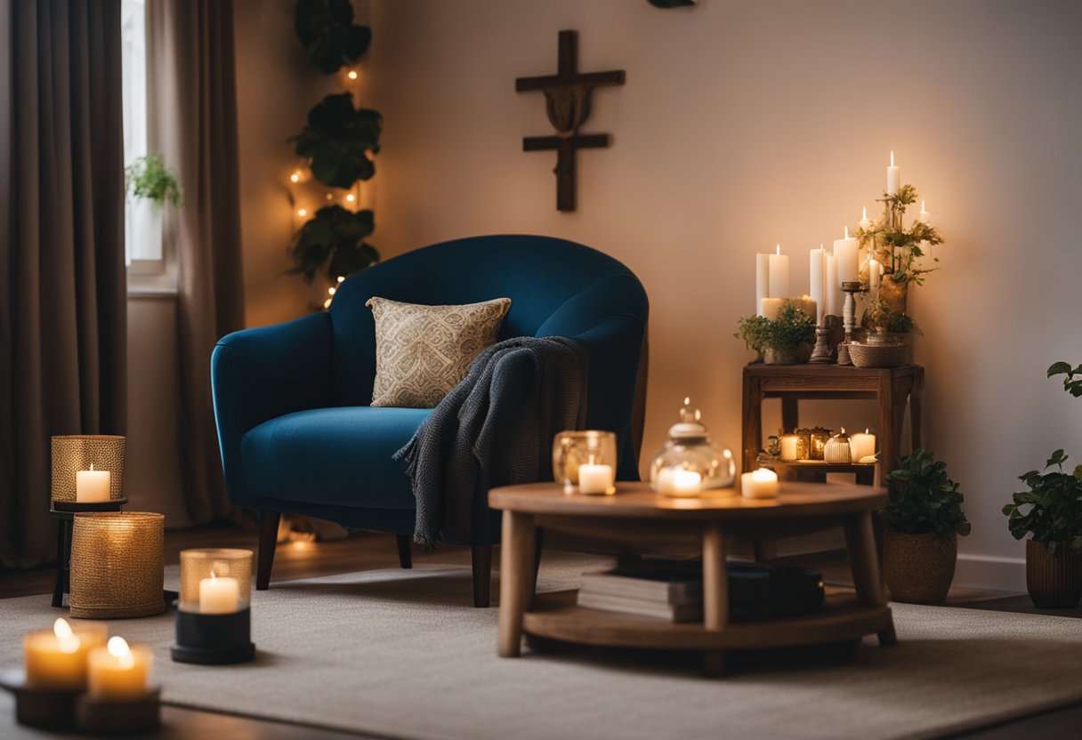 A cozy living room with a small altar against the wall, adorned with religious or spiritual items. Comfortable seating and warm lighting create a peaceful atmosphere
