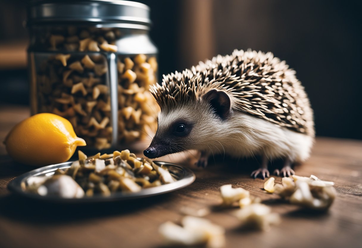 A hedgehog eagerly munches on a can of tuna, surrounded by scattered fish bones and an open tin