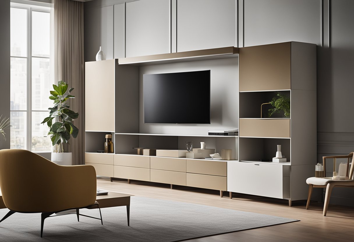 A sleek, modern living room cabinet with adjustable shelves and hidden storage compartments, featuring clean lines and a minimalist color scheme