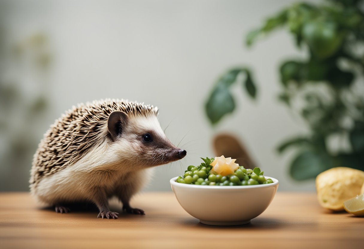 A hedgehog sits near a small bowl of tuna, sniffing cautiously before taking a small bite