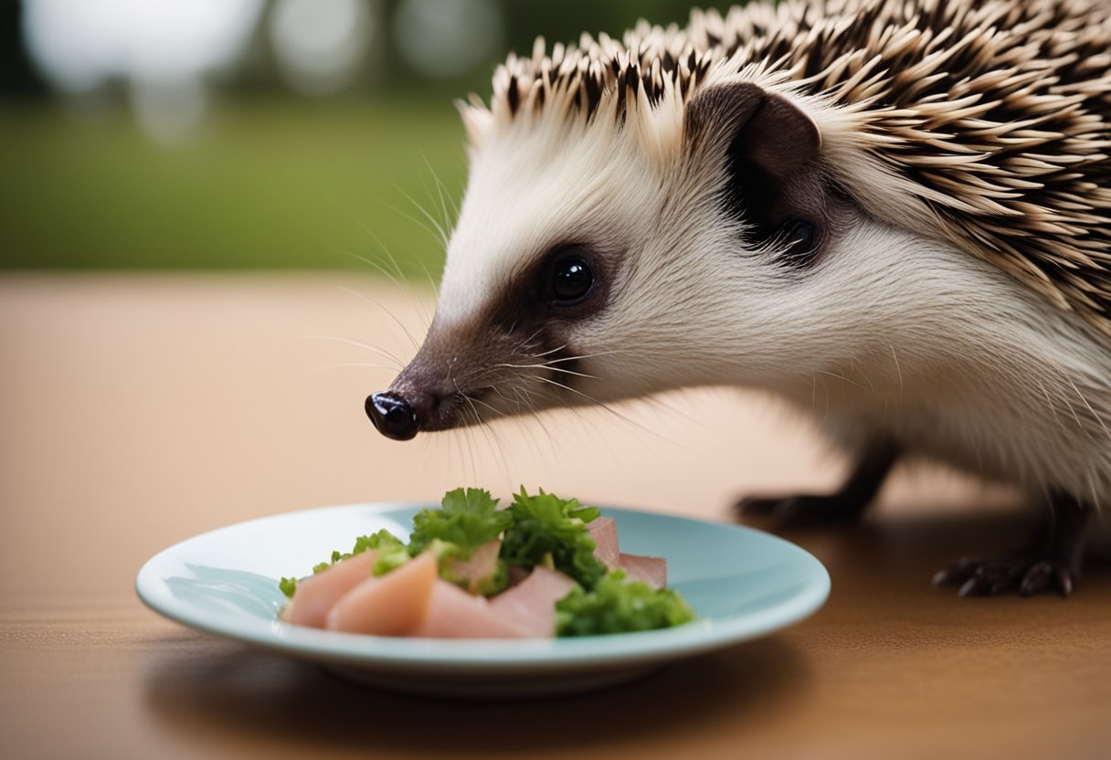 A hedgehog sits beside a small dish of tuna, sniffing it cautiously before taking a bite