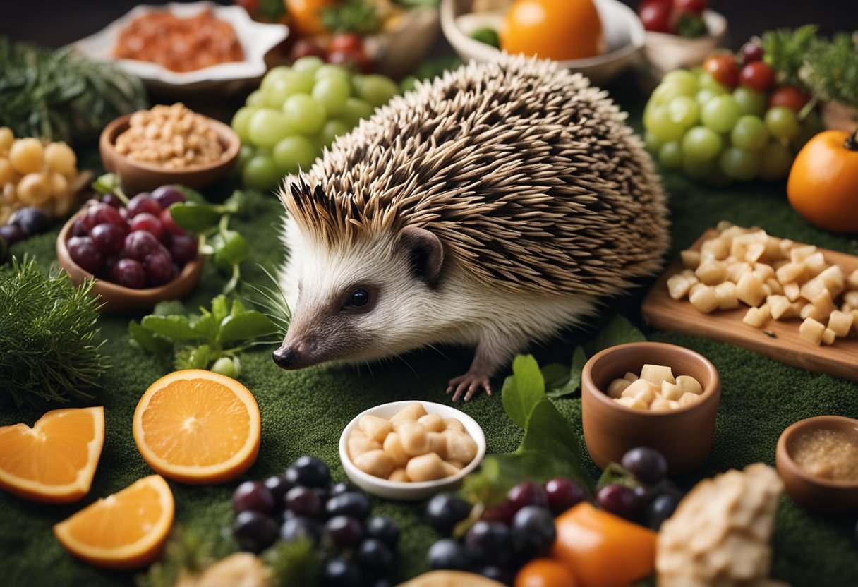 A hedgehog surrounded by various food items, including tuna, with a curious expression on its face