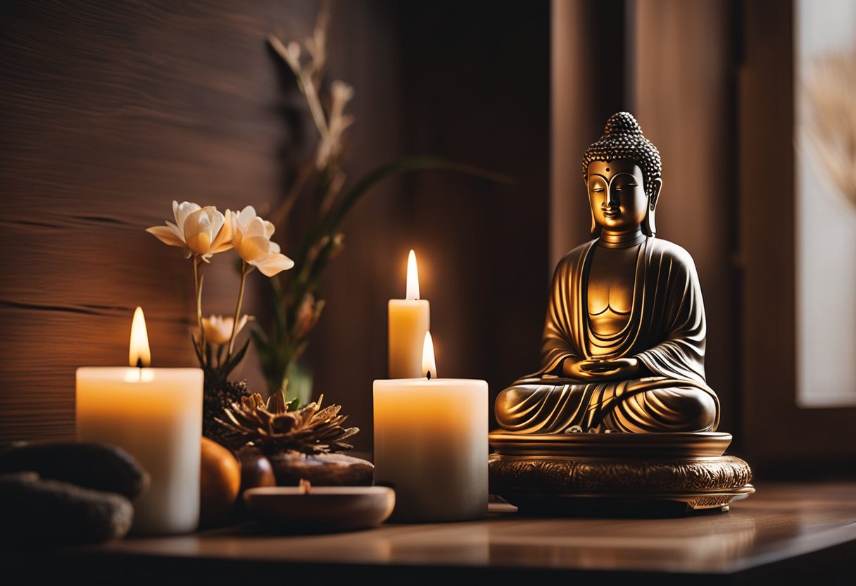 A cozy living room with a simple wooden altar against the wall, adorned with candles, incense, and a small Buddha statue