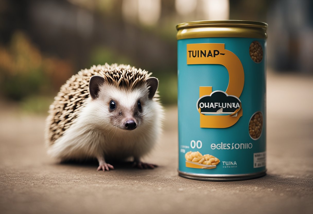 A hedgehog sits beside a can of tuna, looking up curiously. The can is labeled "tuna" with a question mark above it