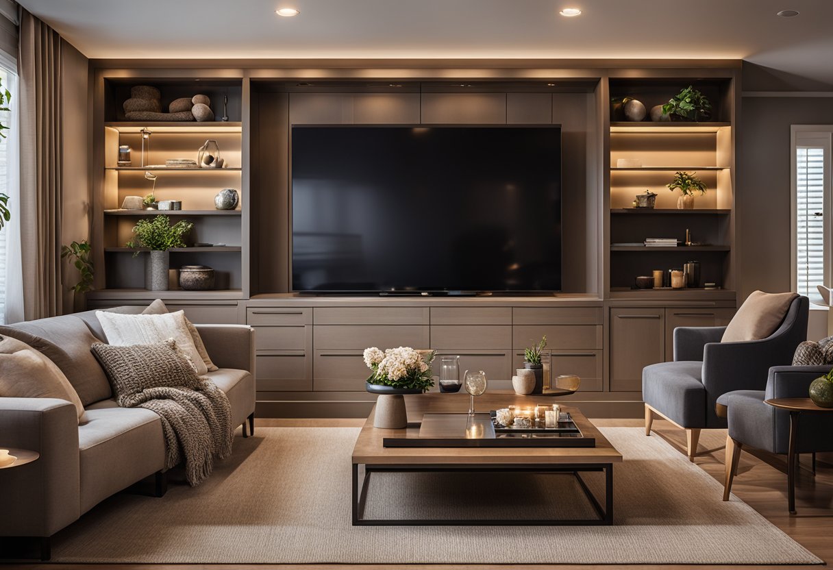 A cozy living room with built-in cabinets for entertainment and storage. Warm lighting, plush seating, and stylish decor create a comfortable atmosphere