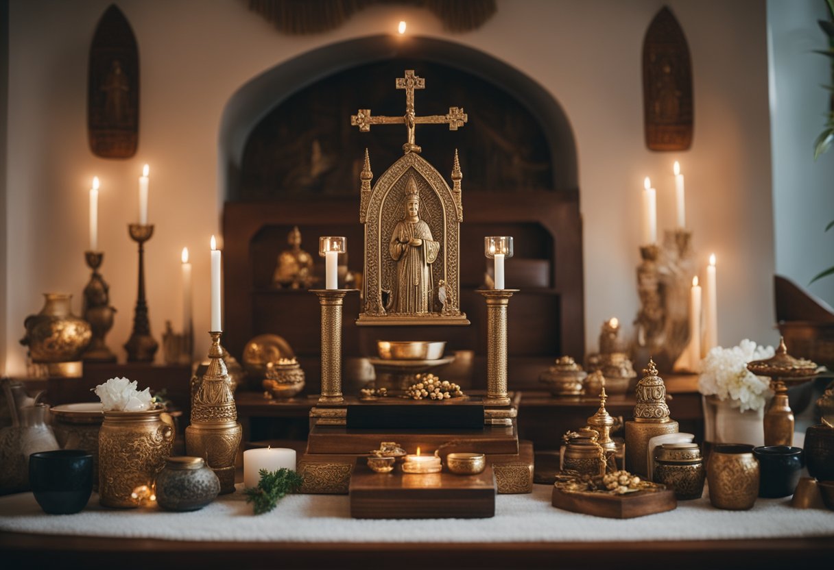 A living room with a carefully arranged altar, adorned with religious symbols and cultural artifacts, creating a tranquil and sacred atmosphere