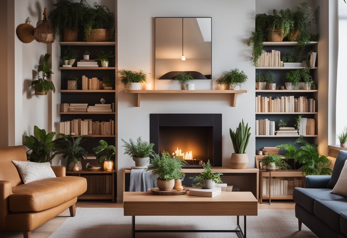 A cozy living room with a decorative altar, bookshelves, and comfortable seating. Warm lighting and plants add to the inviting atmosphere