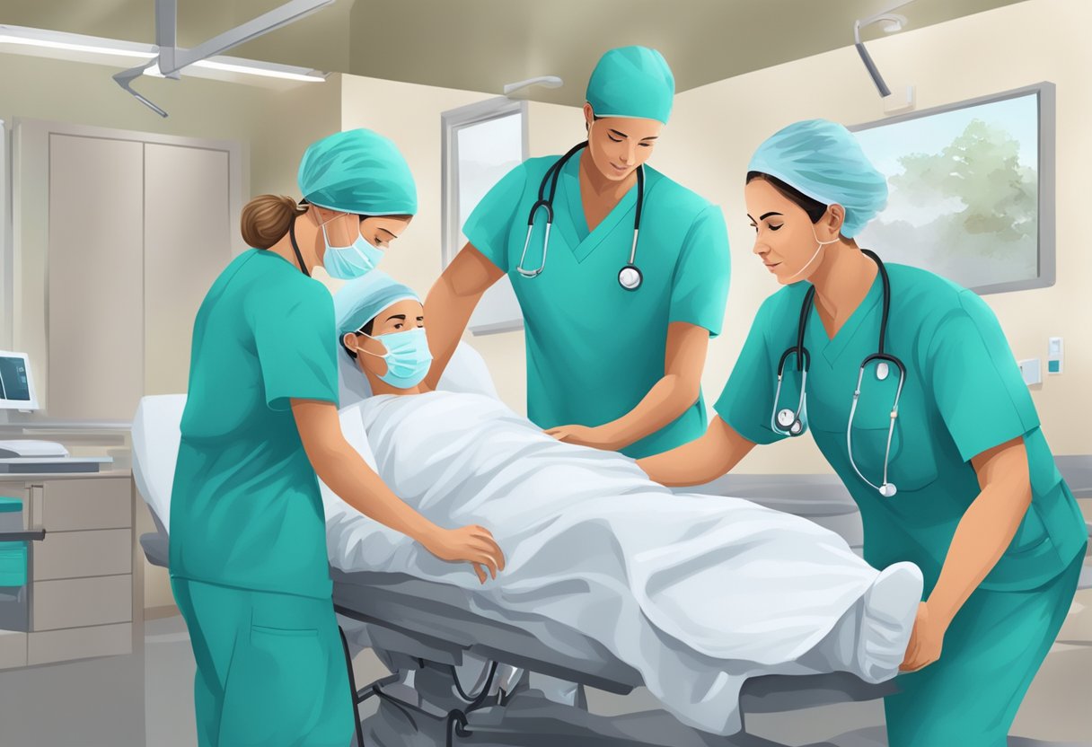 A medical team communicates while assisting in a patient's removal
