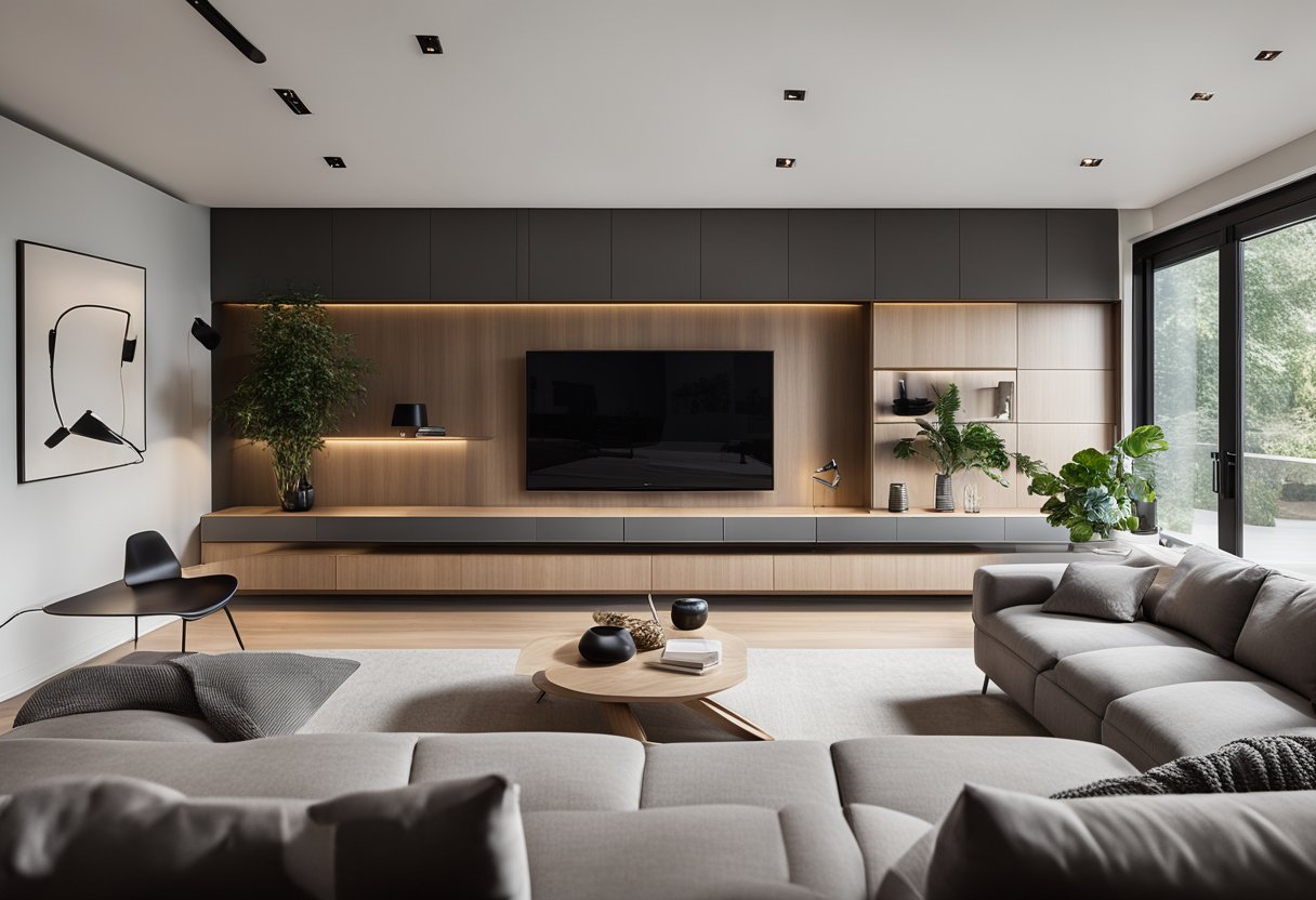 A sleek, modern living room platform with clean lines, integrated storage, and minimalist decor. Light floods in from large windows, highlighting the seamless blend of functionality and aesthetics