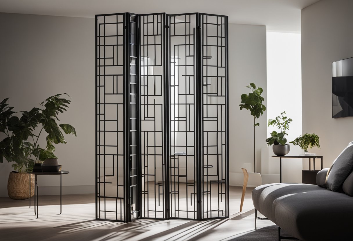 A sleek, geometric room divider stands in a modern living room, casting angular shadows against the clean, minimalist decor