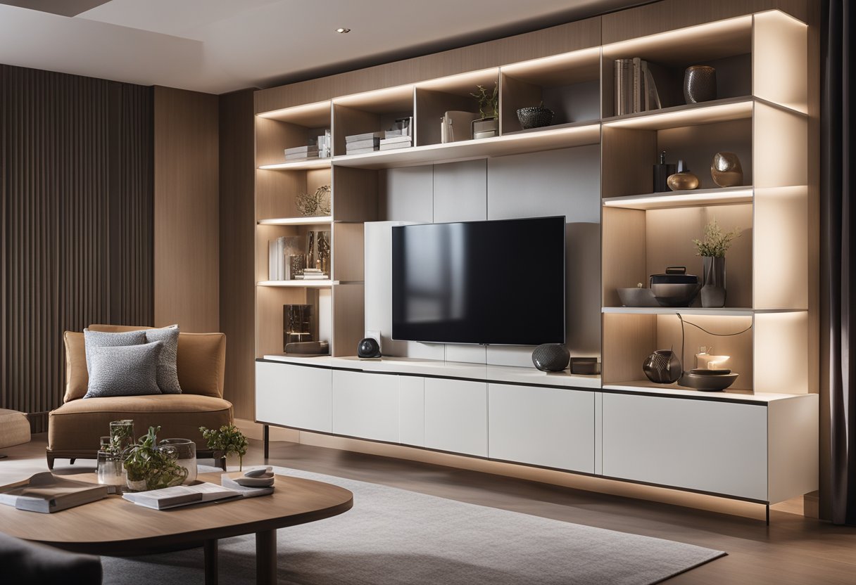A cozy living room with a modern cabinet design, featuring sleek lines, open shelving, and hidden storage compartments. The cabinet is adorned with decorative items and surrounded by comfortable seating