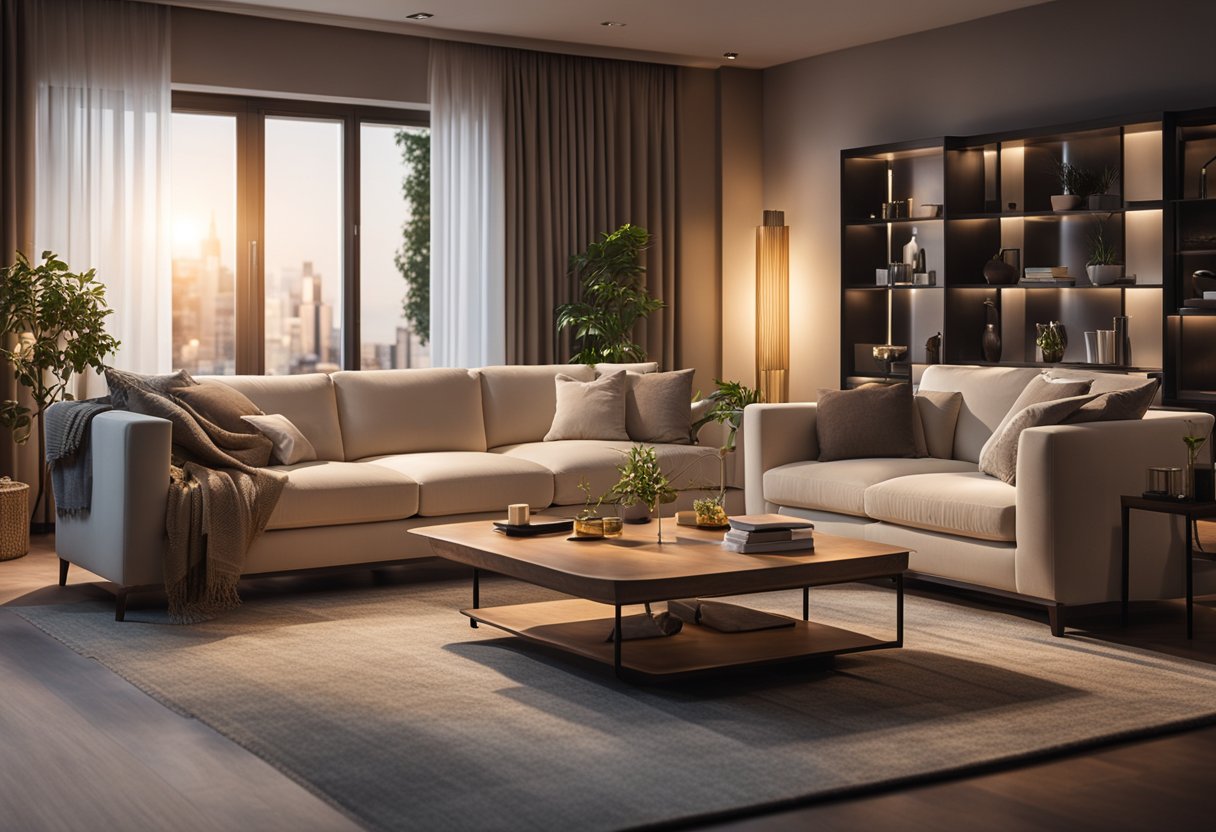 The living room is softly lit with warm, recessed LED lights, casting a gentle glow on the modern furniture and accentuating the cozy ambiance